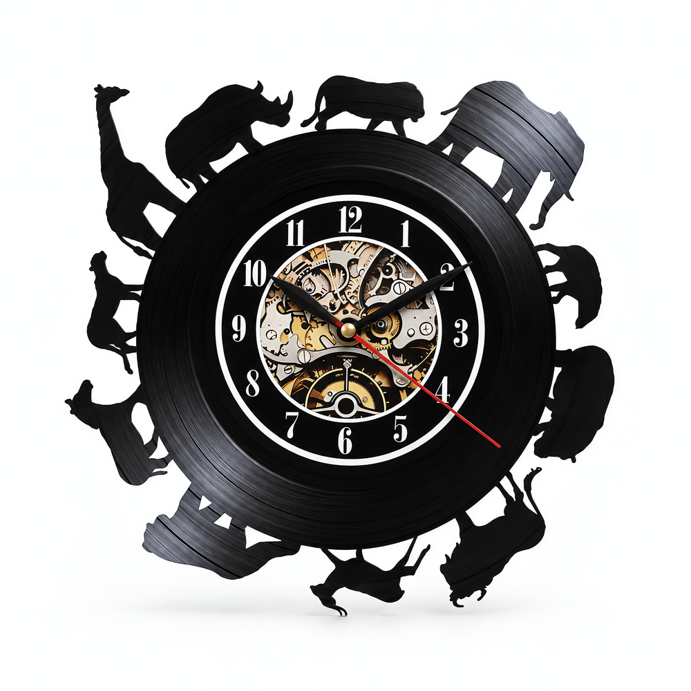 African Safari Vinyl Record Wall Clock with Elephant, Rhino & Lion