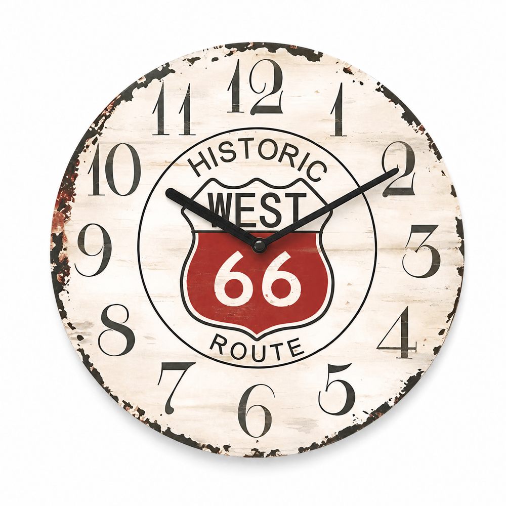 Vintage Route 66 Silent Wooden Wall Clock, 23 cm