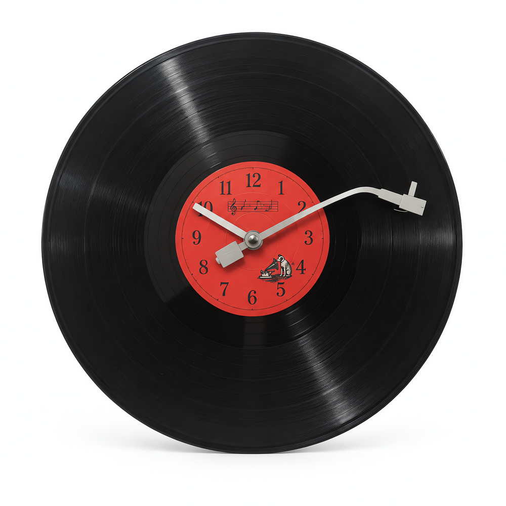 Black Vinyl Record Wall Clock with Red Centre Dial