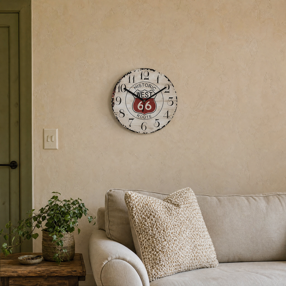 Vintage Route 66 Silent Wooden Wall Clock, 23 cm