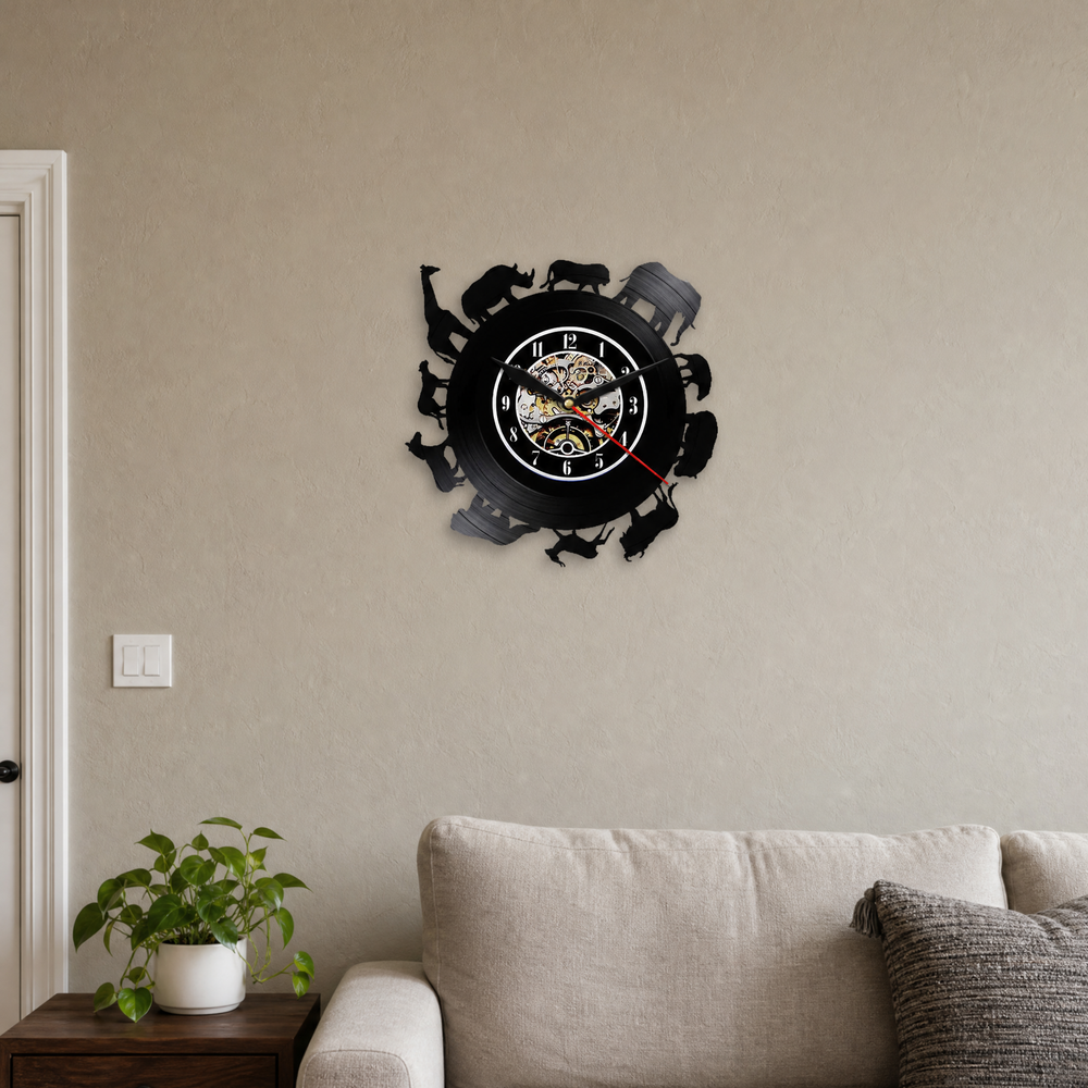 African Safari Vinyl Record Wall Clock with Elephant, Rhino & Lion