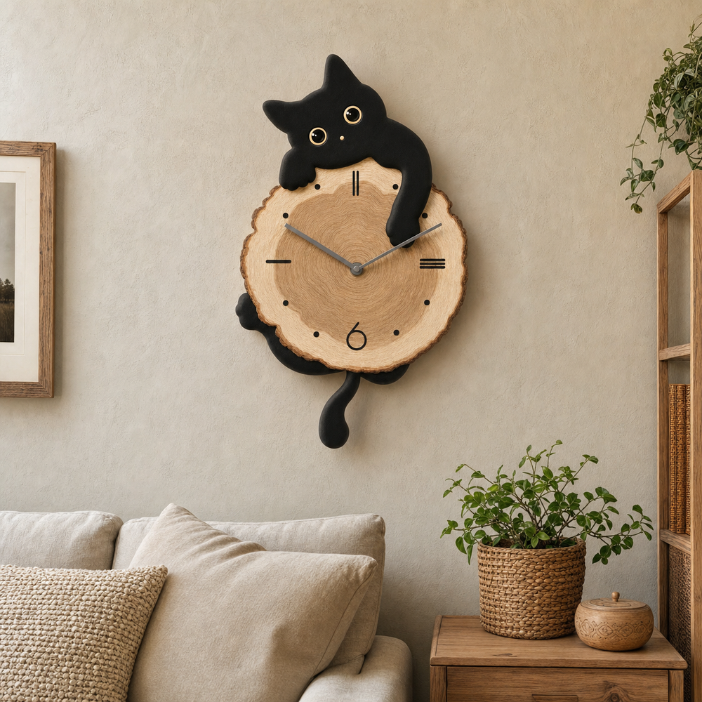 Wooden Clock Cat Design Kids Silent