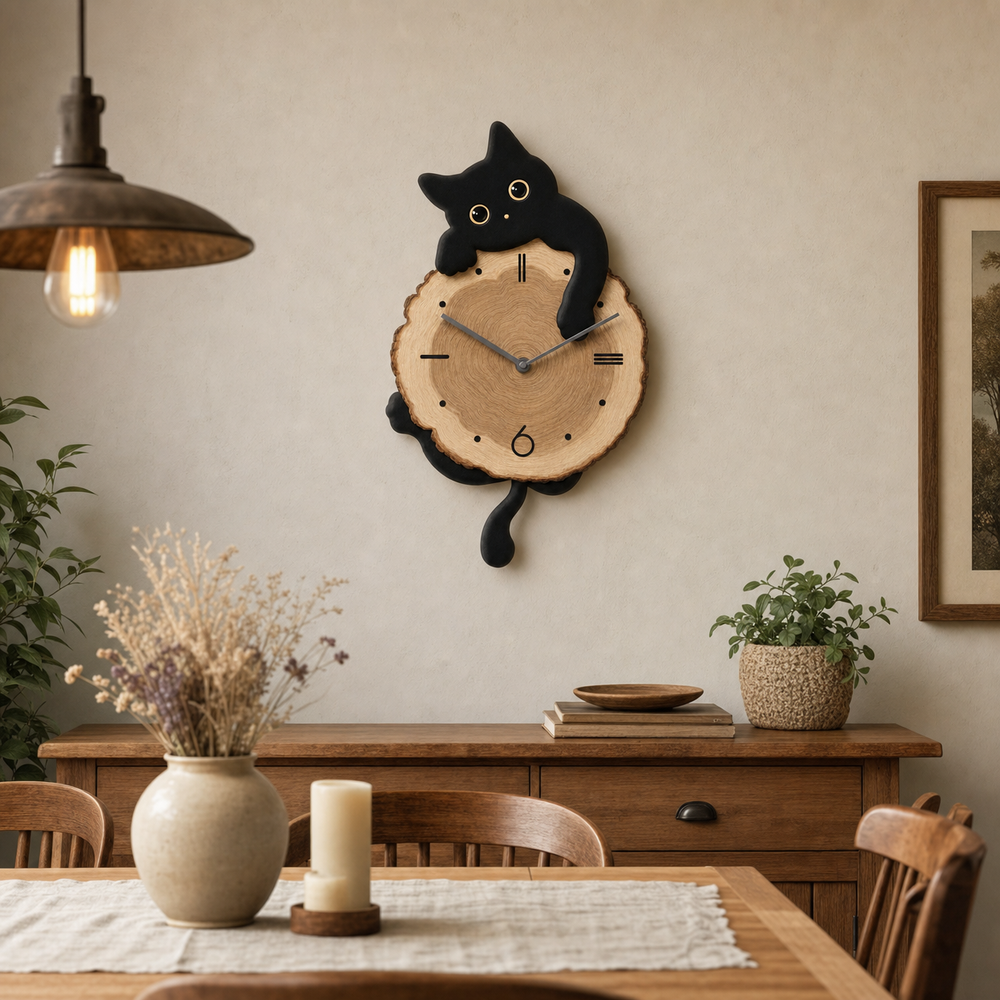 Wooden Clock Cat Design Kids Silent