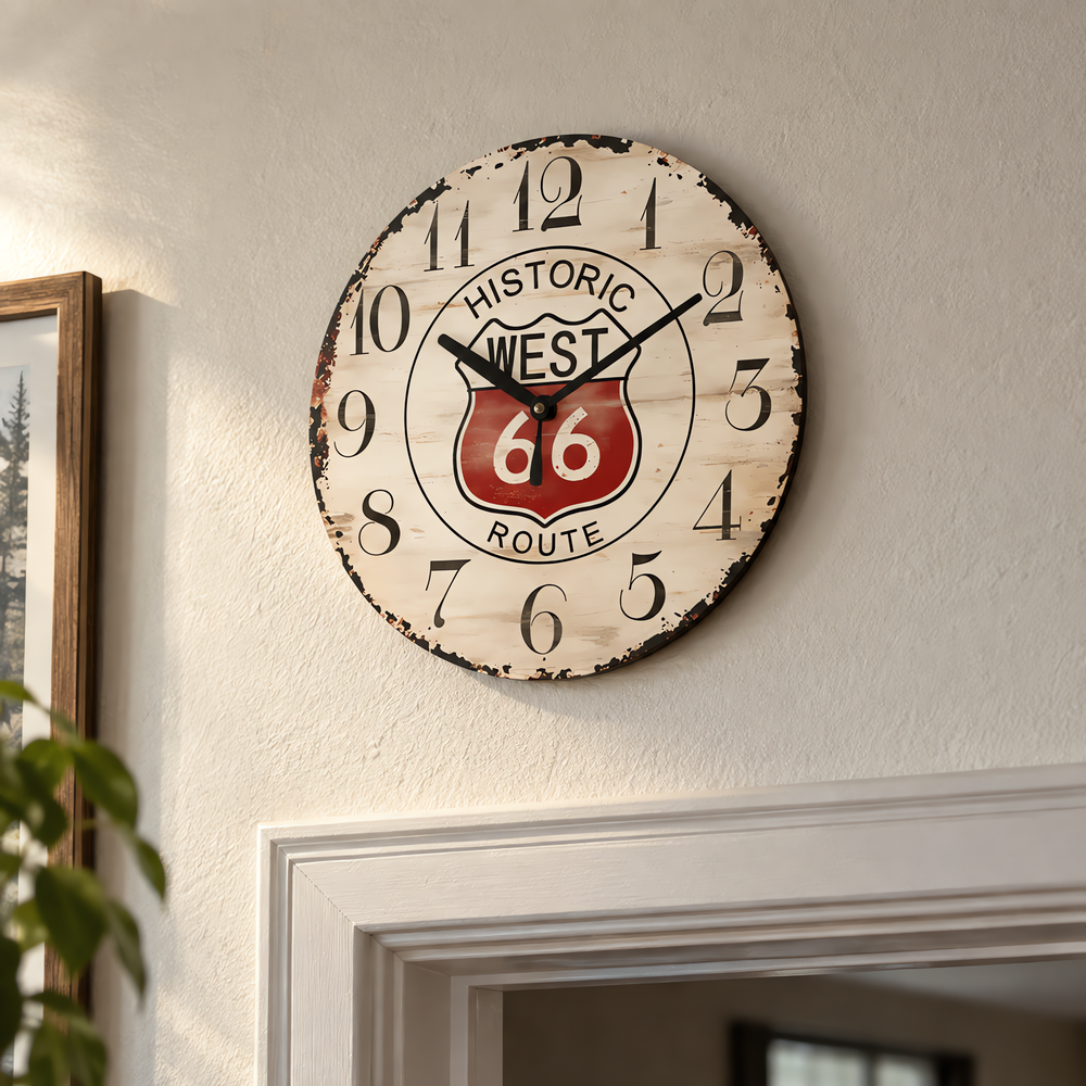 Vintage Route 66 Silent Wooden Wall Clock, 23 cm