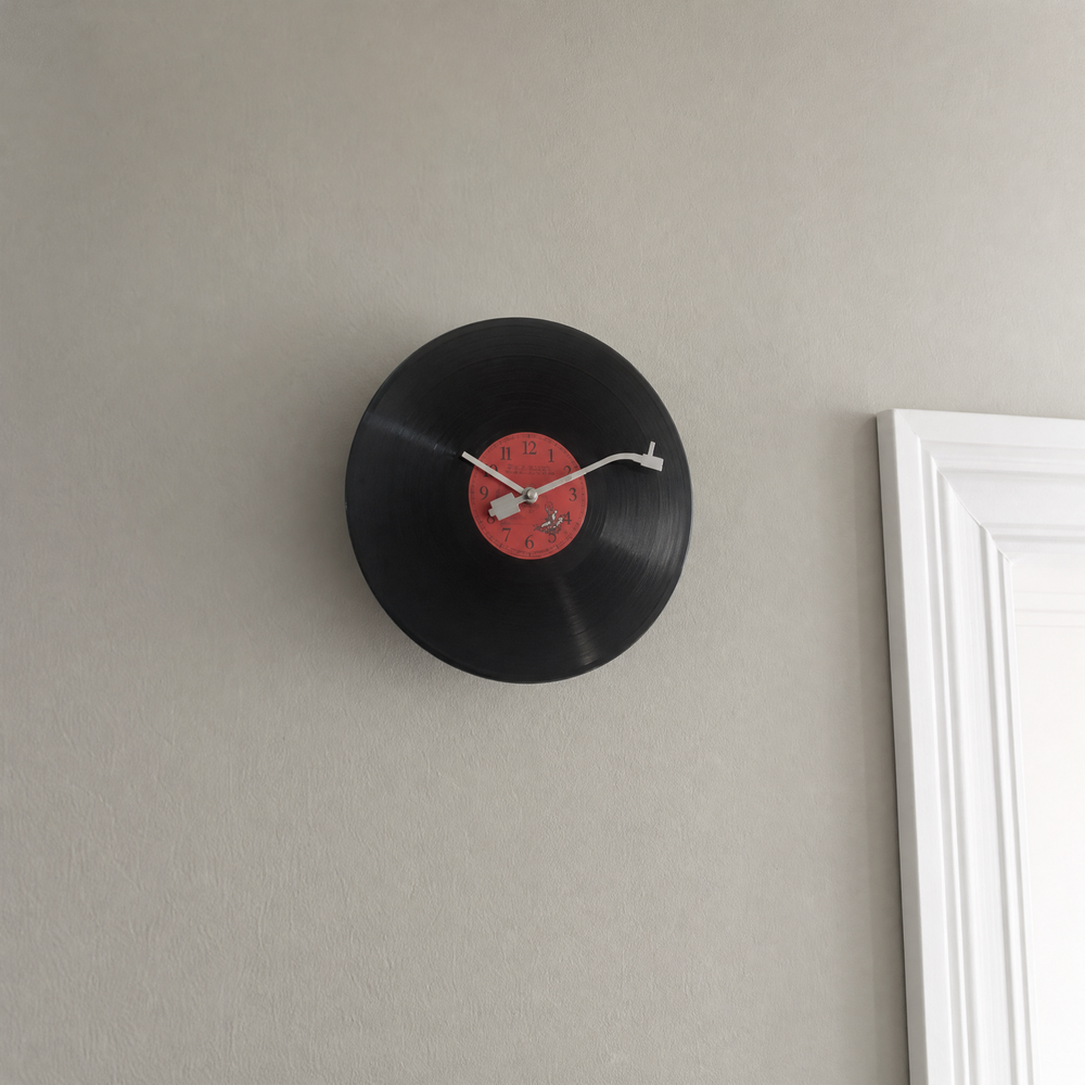 Black Vinyl Record Wall Clock with Red Centre Dial