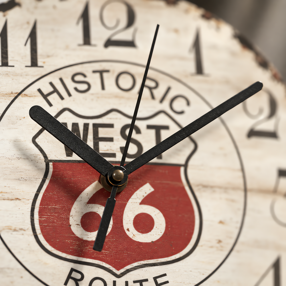 Vintage Route 66 Silent Wooden Wall Clock, 23 cm