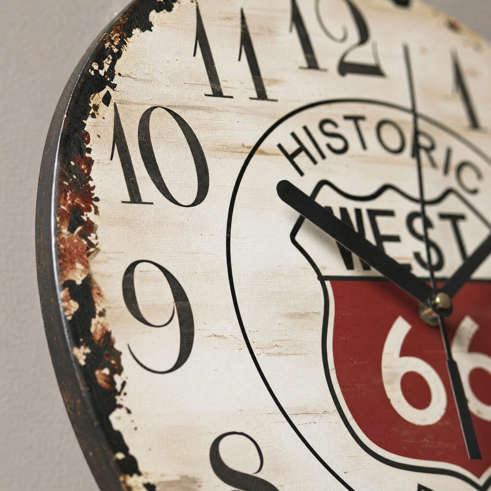 Vintage Route 66 Silent Wooden Wall Clock, 23 cm