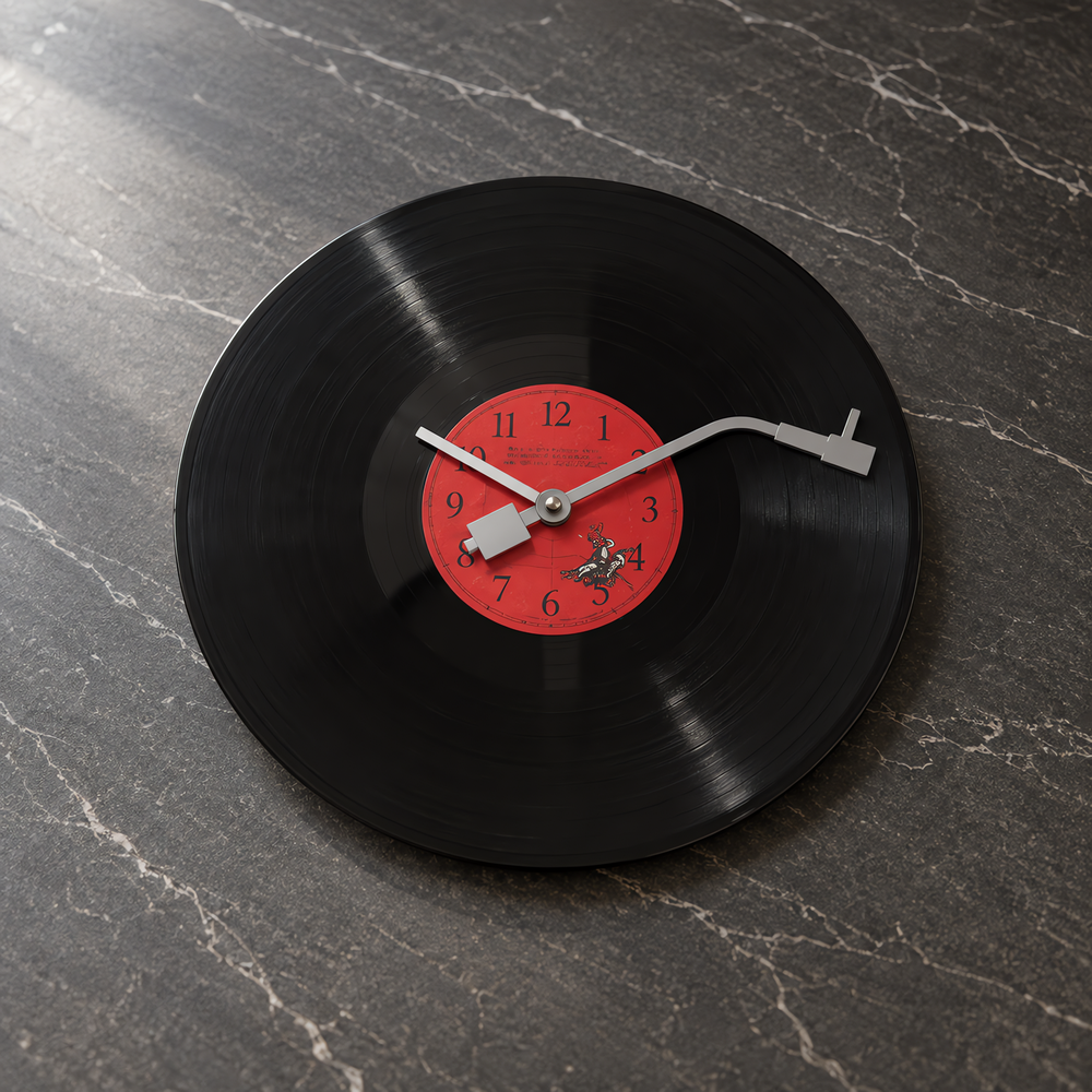 Black Vinyl Record Wall Clock with Red Centre Dial