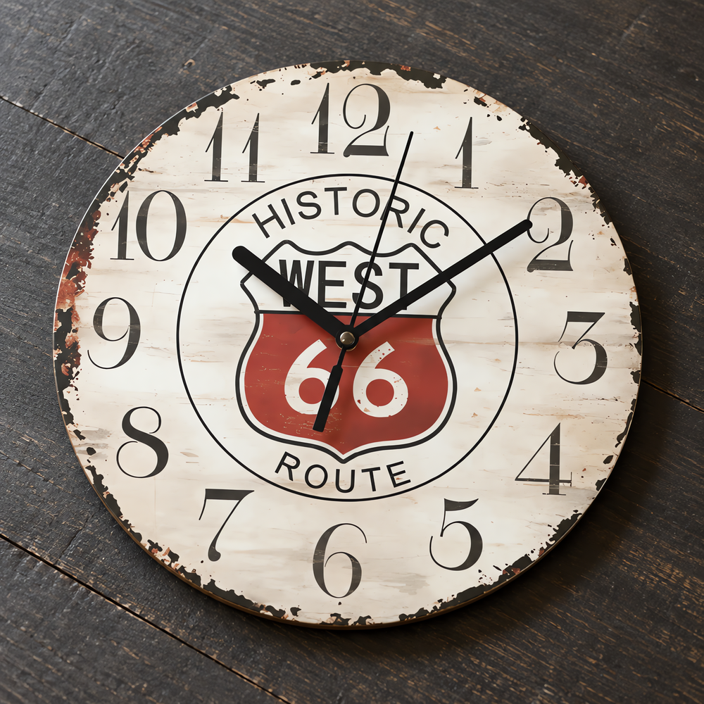 Vintage Route 66 Silent Wooden Wall Clock, 23 cm