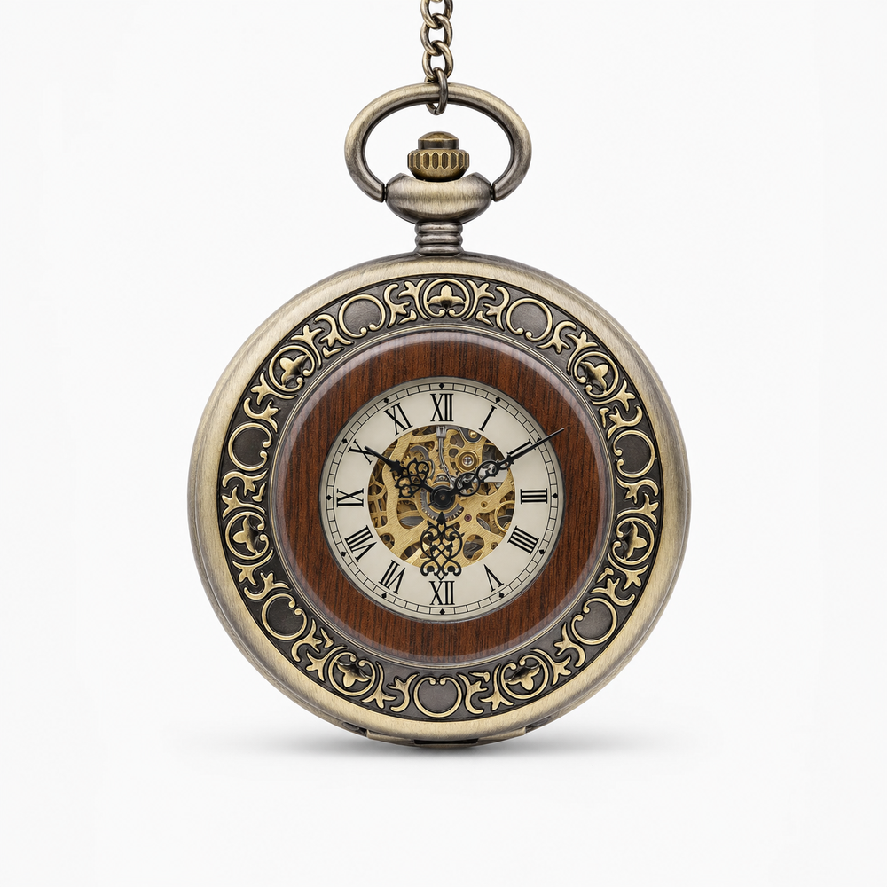 Wooden Bezel Skeleton Pocket Watch