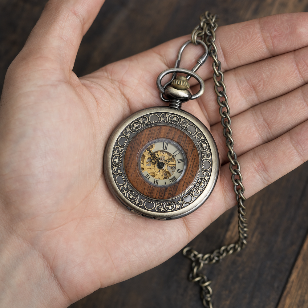 Wooden Bezel Skeleton Pocket Watch