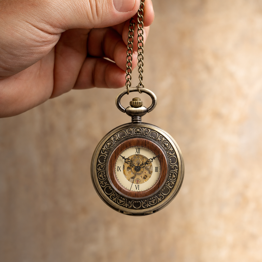 Wooden Bezel Skeleton Pocket Watch