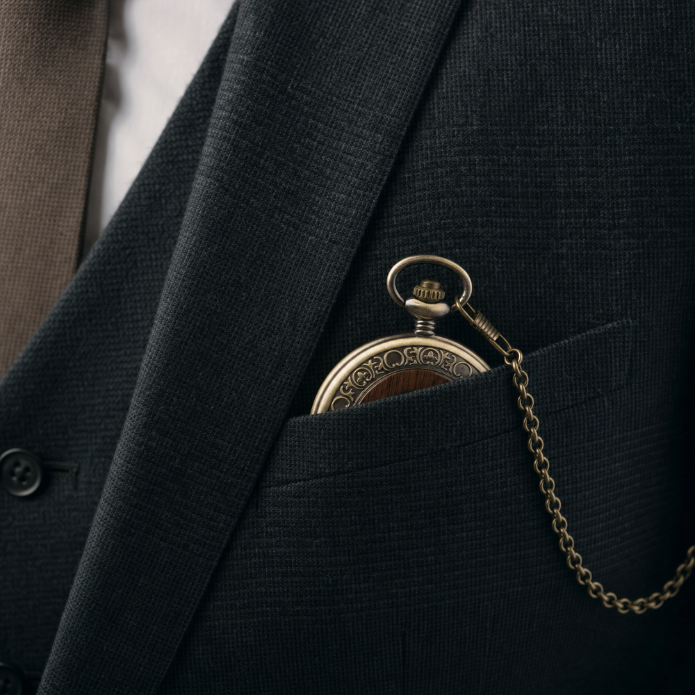 Wooden Bezel Skeleton Pocket Watch