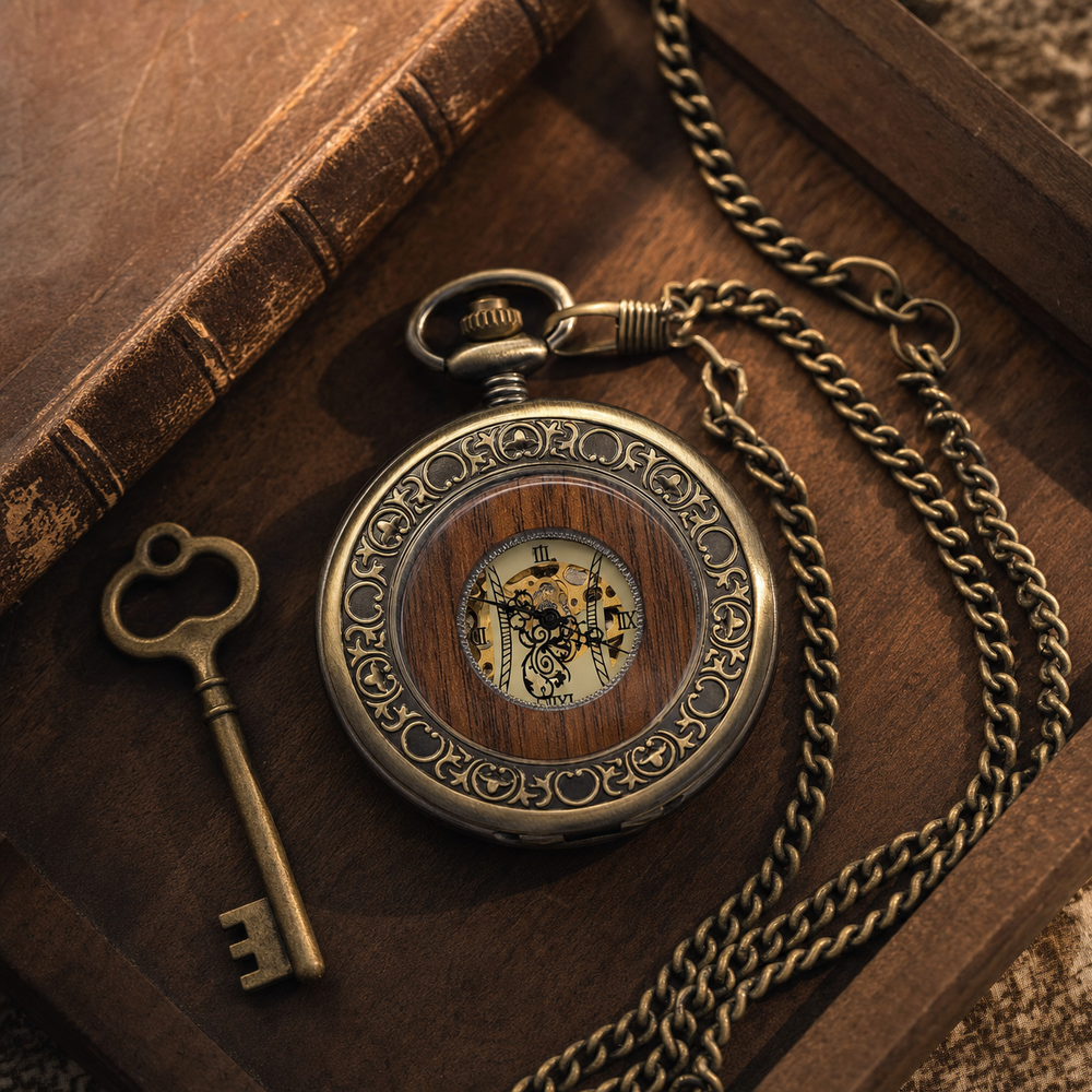 Wooden Bezel Skeleton Pocket Watch