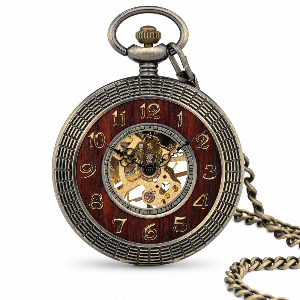 Vintage Mechanical Pocket Watch Wooden Inlay