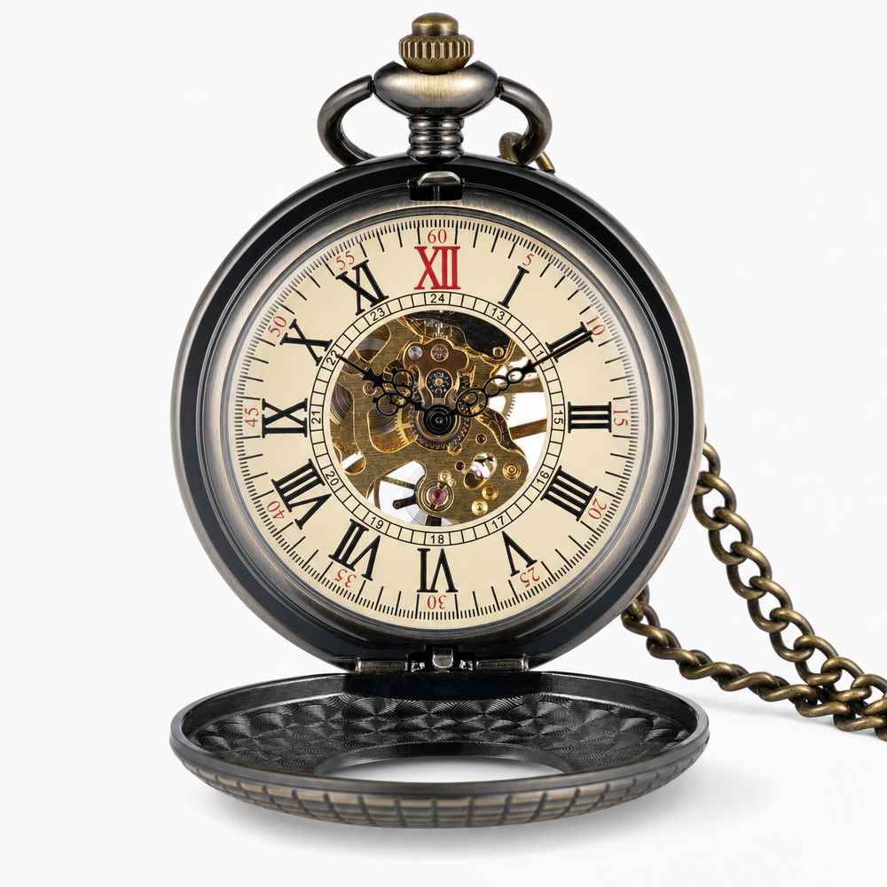 Vintage Mechanical Pocket Watch Wooden Inlay