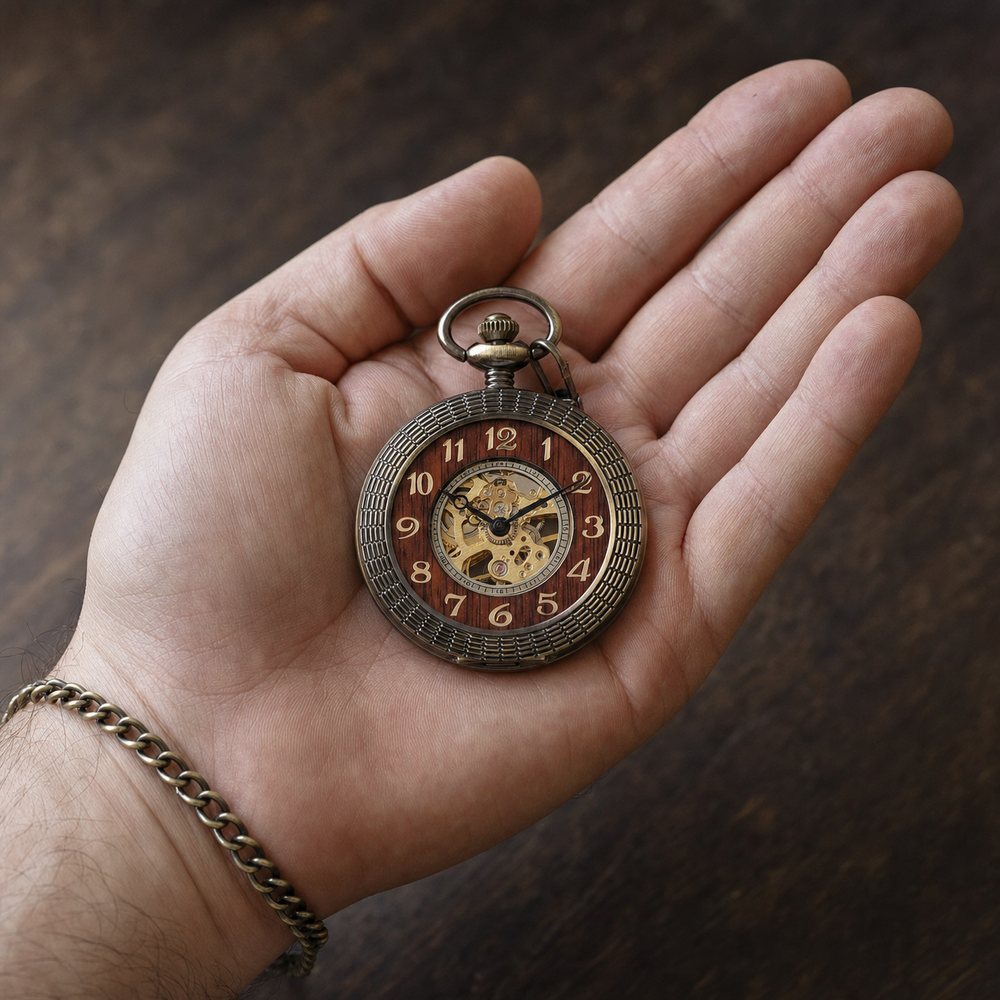 Vintage Mechanical Pocket Watch Wooden Inlay