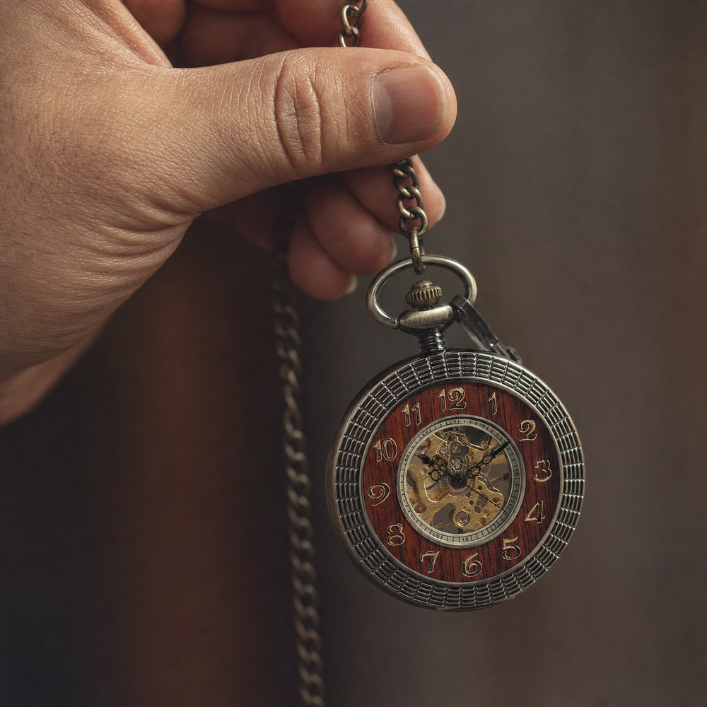 Vintage Mechanical Pocket Watch Wooden Inlay