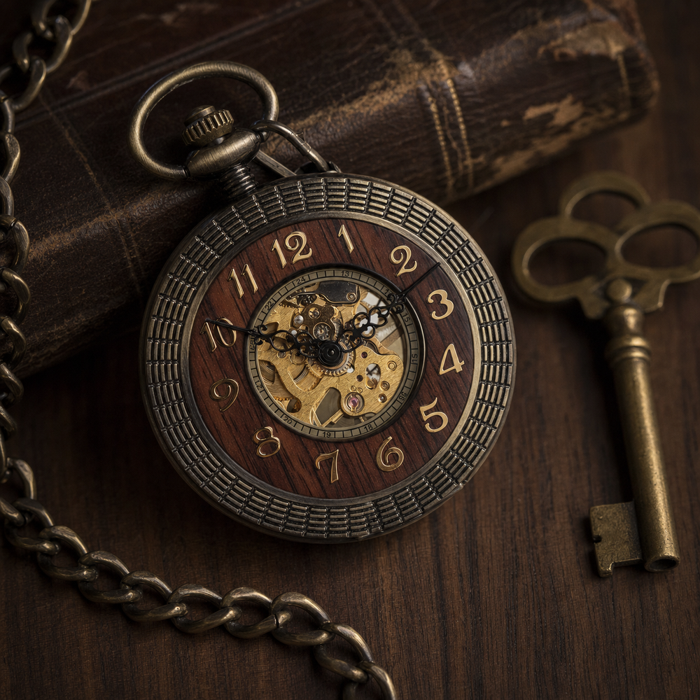 Vintage Mechanical Pocket Watch Wooden Inlay