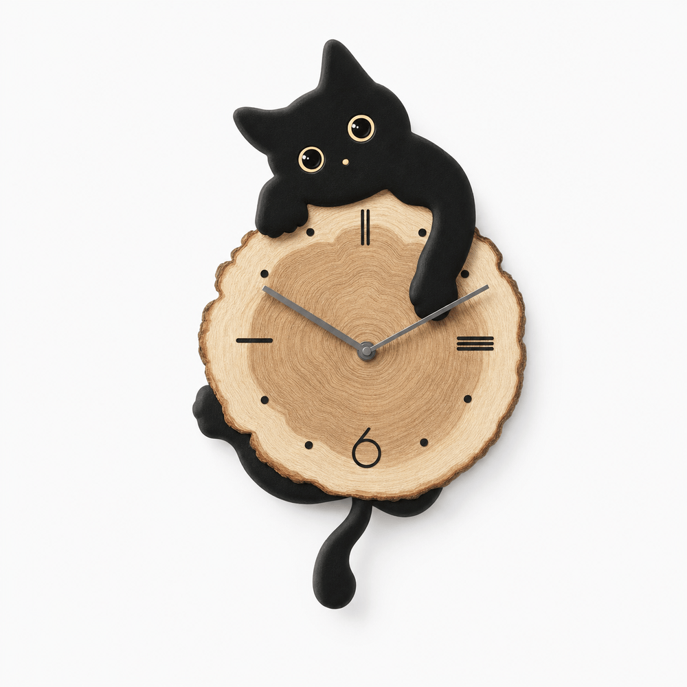 Royal Opera Black / 28x50cm Wooden Clock Cat Design Kids Silent