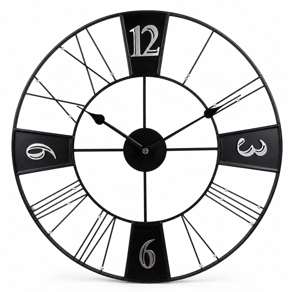 Royal Opera Black Silver-Face Wall Clock Industrial Roman Numerals