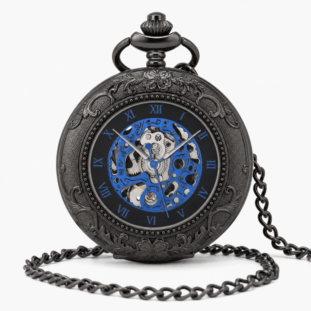 Royal Opera Black Vintage Skeleton Mechanical Pocket Watch