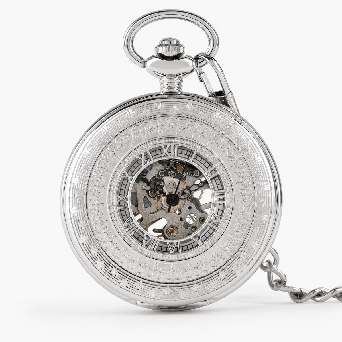 Royal Opera Silver Pocket Watch Greek Pattern Skeleton