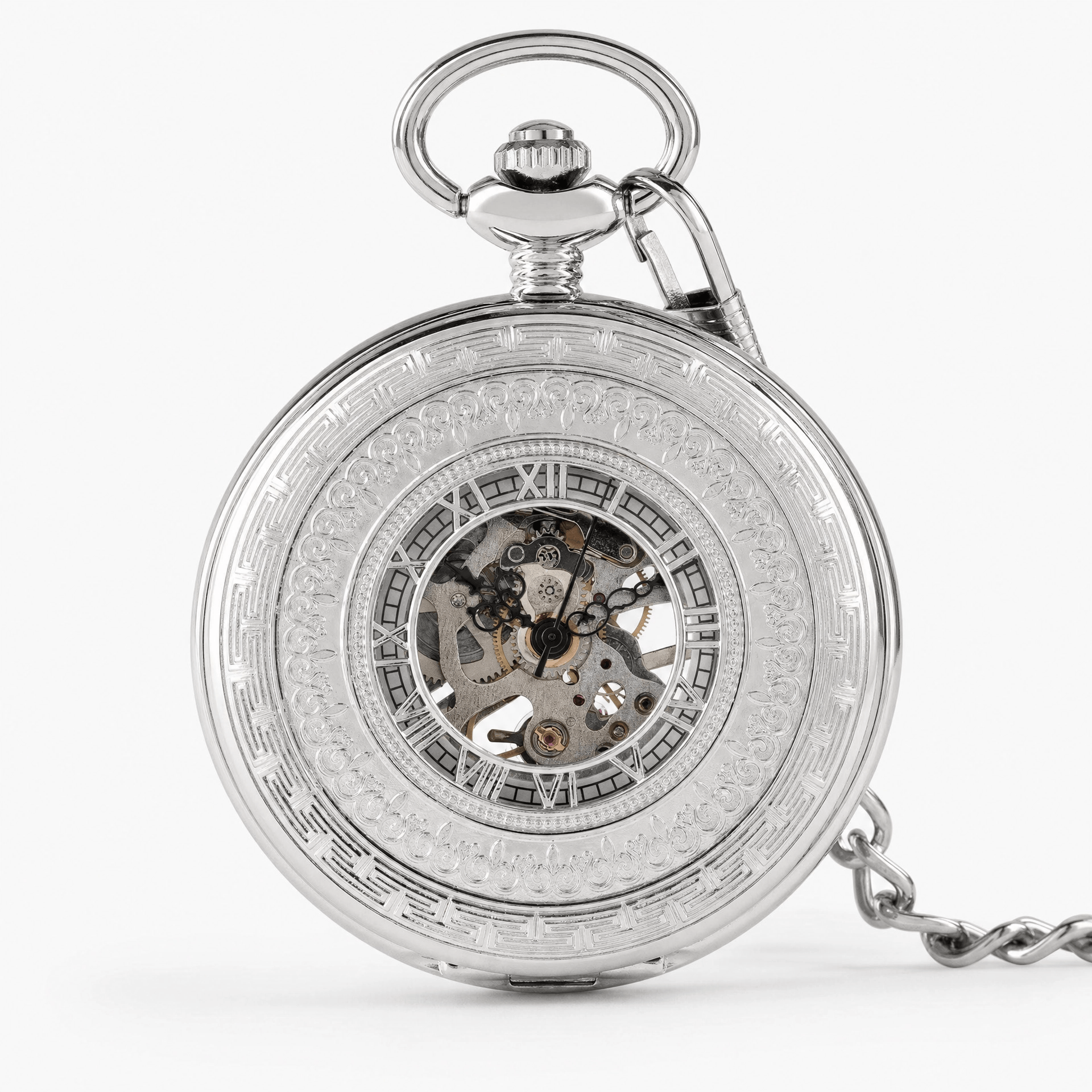 Royal Opera Silver Pocket Watch Greek Pattern Skeleton